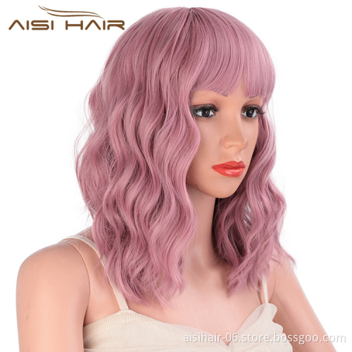 Aisi Hair Wholesale Hign Quality Synthetic Short Bob Pink Wig With Neat Bangs Short Curly Wave Wigs For Black Women